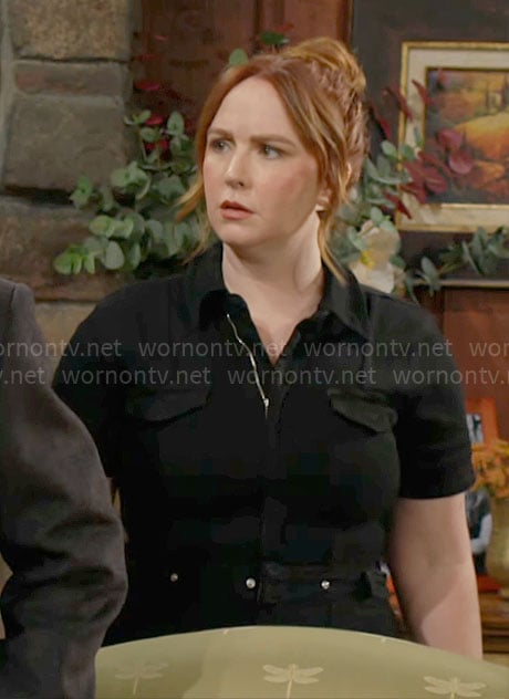 Mariah’s black short sleeved jumpsuit on The Young and the Restless