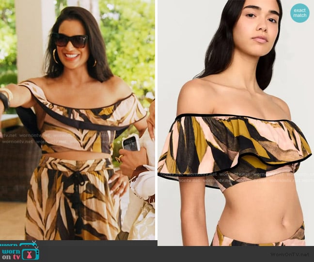 Marie Oliver Emily Top in Tropical Sand worn by Jessel Taank on The Real Housewives of New York City