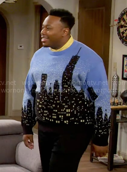 Marty's city print sweater on The Neighborhood