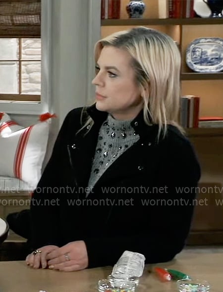 Maxie's black moto jacket and embellished sweater on General Hospital