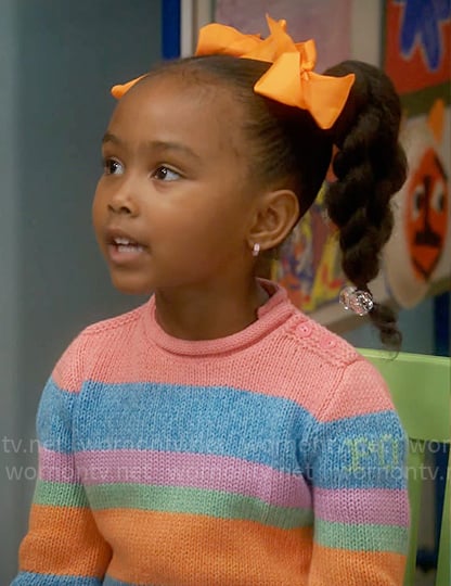 Maya's multi color stripe sweater on Poppas House