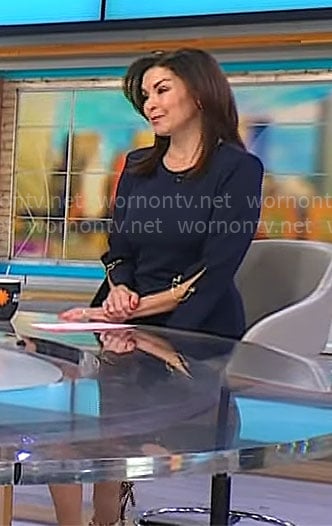 Meg Oliver's navy chain sleeve dress on CBS Mornings