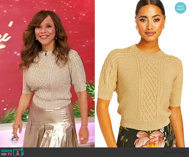 Rosie’s gold metallic cable knit sweater on Sherri