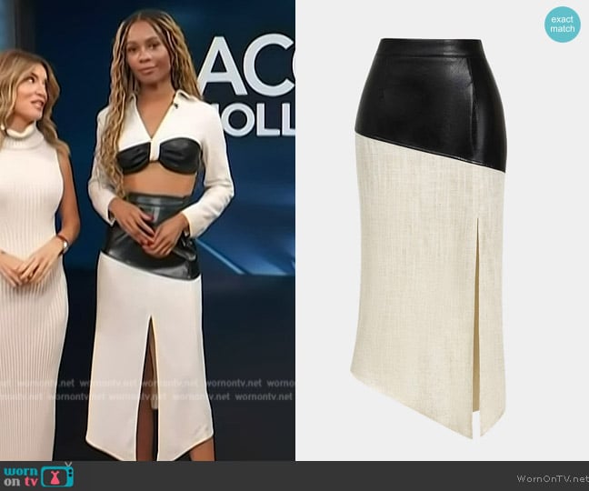 Micas Contrast Faux Leather And Linen Slit Asymmetrical Skirt worn by Zuri Hall on Access Hollywood