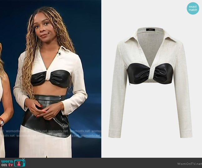 Micas Color Block Faux Leather Linen Ruched Long-Sleeve Shirt worn by Zuri Hall on Access Hollywood