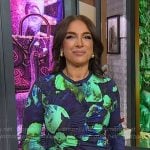 Michelle Miller’s green abstract print ruched dress on CBS Mornings