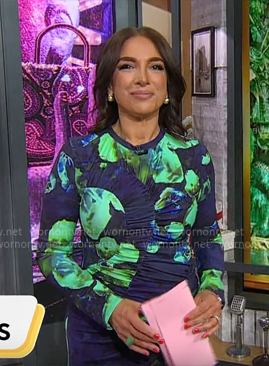 Michelle Miller's green abstract print ruched dress on CBS Mornings