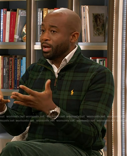 Mikel Welch’s green plaid zip sweater on The Drew Barrymore Show