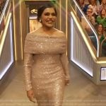 Mindy Kaling’s sequin off shoulder top and skirt on The Drew Barrymore Show