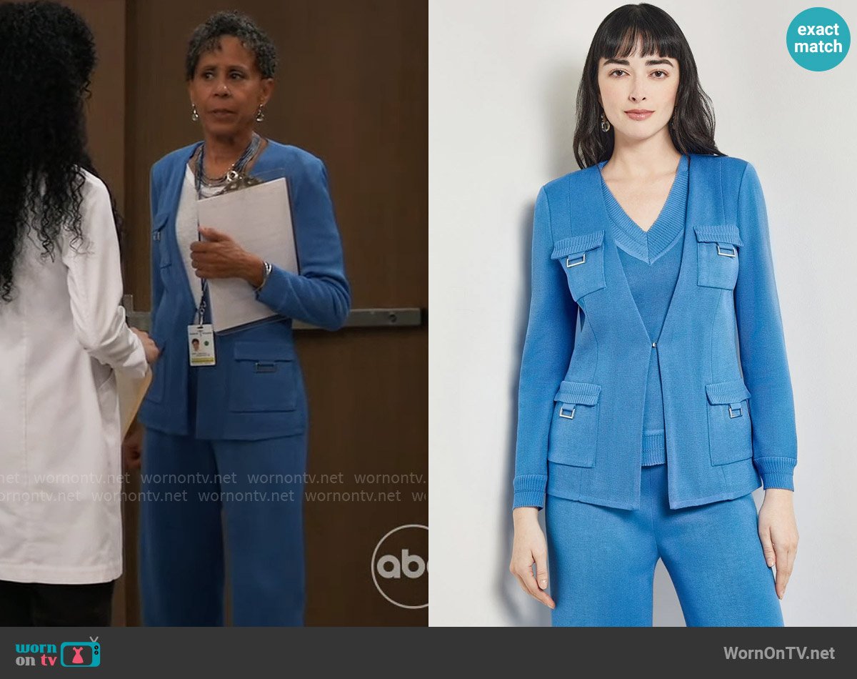 Misook Knit Jacket in Adriatic Blue worn by Stella Henry (Vernee Watson) on General Hospital