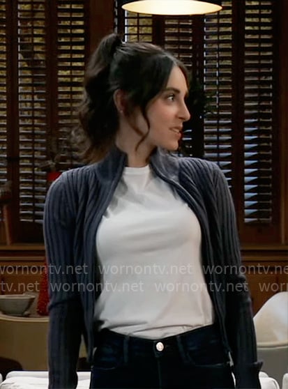 Molly's navy rib knit cardigan on General Hospital