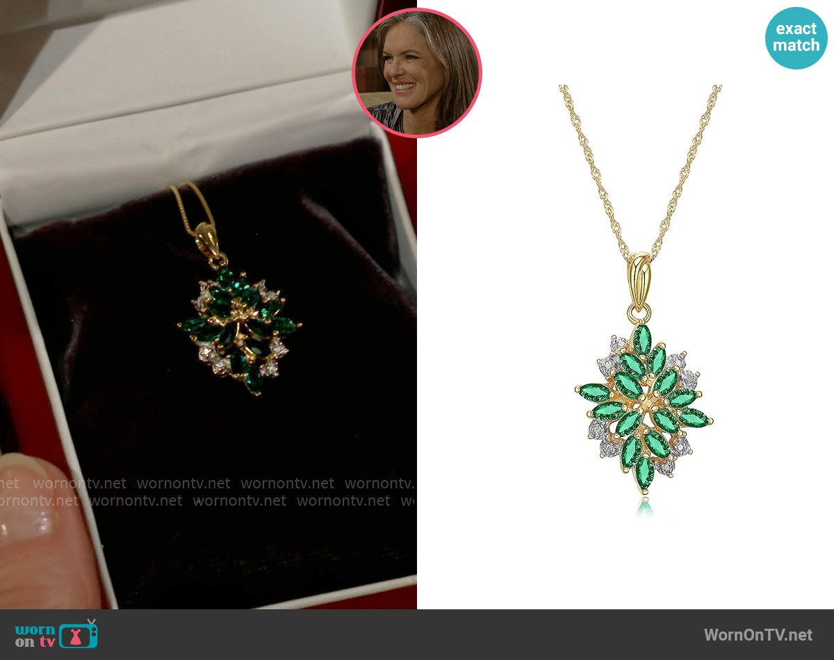 Morgan & Paige 18K Yellow Gold Plated 925 Sterling Silver Diamond-Accented Gemstone Birthstone Cluster Pendant Necklace in Emerald May Birthstone worn by Diane Jenkins (Susan Walters) on The Young and the Restless