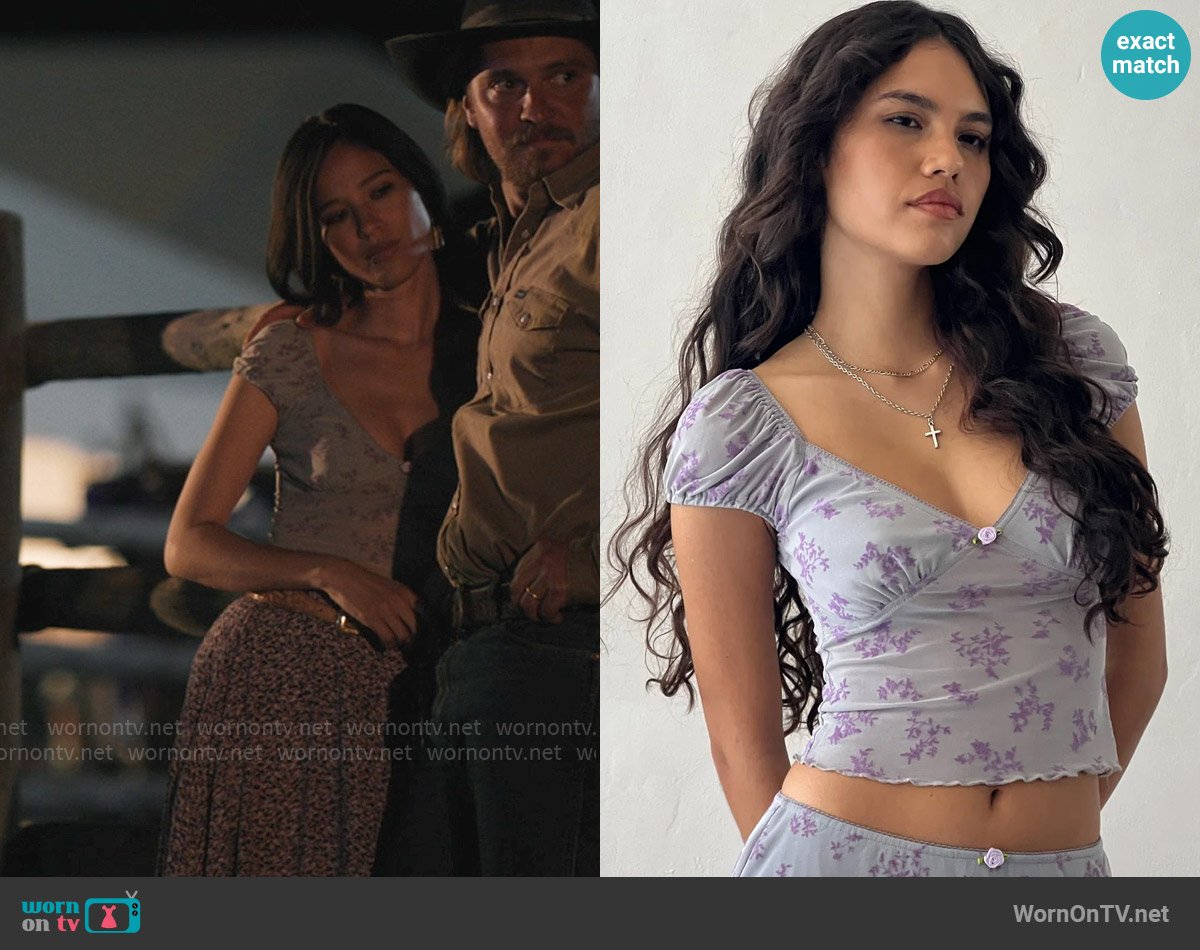 Motel Lorenne Sweetheart Mesh Top in Purple Botanist Flock worn by Monica Dutton (Kelsey Asbille) on Yellowstone