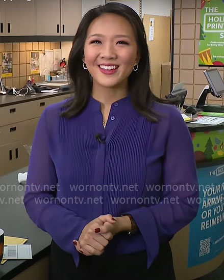 Nancy Chen’s purple pintuck blouse on CBS Mornings