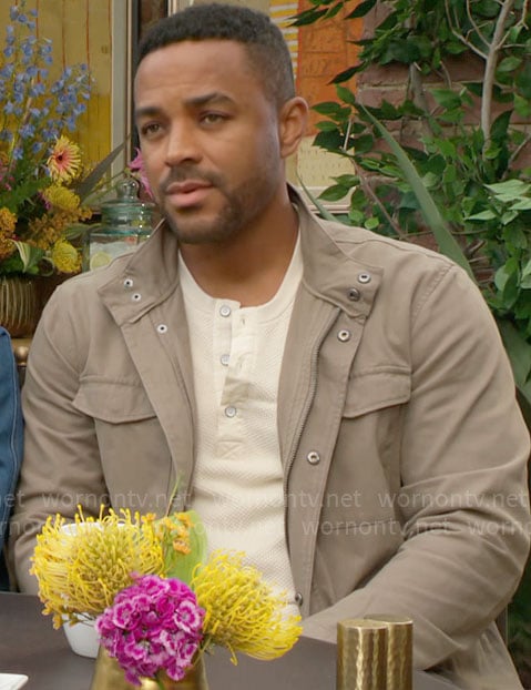 Nate’s cream henley shirt and khaki jacket on The Young and the Restless