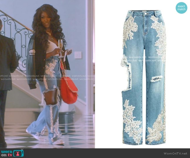 Nichole Lynel I’ll Be There Appliqué Denim Pants worn by Bozoma Saint John on The Real Housewives of Beverly Hills