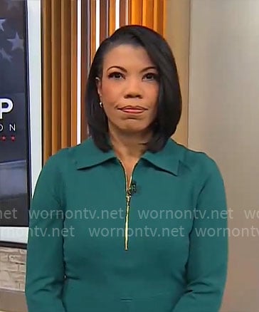 Nikole Killion’s teal green zip neck dress on CBS Mornings