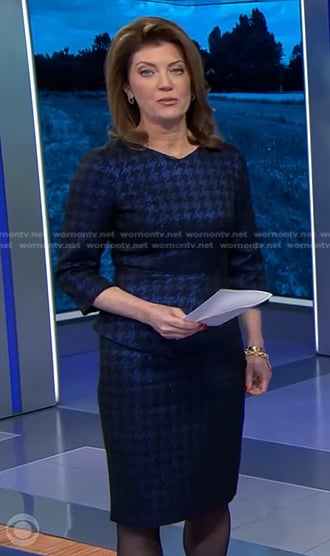 Norah's blue houndsooth dress on CBS Evening News