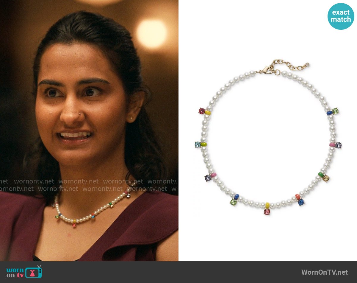 On 34th Gold-Tone Color Crystal & Imitation Pearl Collar Necklace worn by Bela Malhotra (Amrit Kaur) on The Sex Lives of College Girls