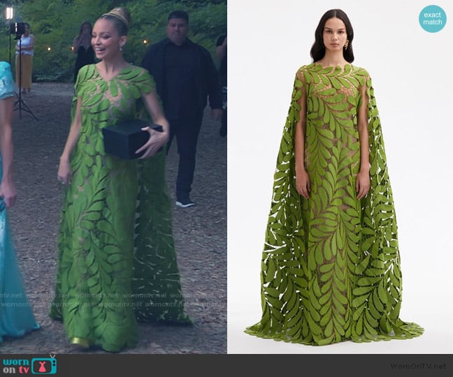 Oscar de la Renta Fern Embroidered Faille Caftan In Avocado worn by Nicole Richie on Paris and Nicole The Encore