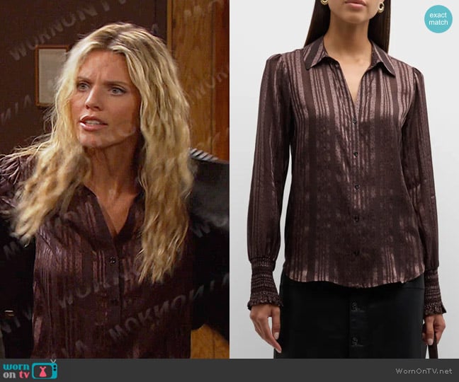 Paige Kaitlin Printed Button-Front Silk Top in Cacao worn by Catherina Greene (AnnaLynne McCord) on Days of our Lives