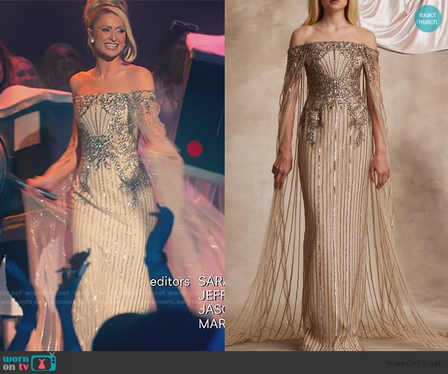 Pamella Roland Embroidered Tulle Cape Gown worn by Paris Hilton on Paris and Nicole The Encore