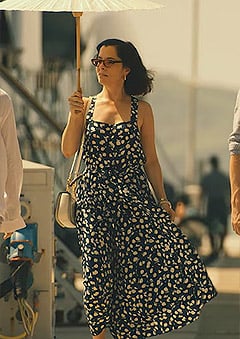 Parker Posey's navy and white printed midi dress on The White Lotus Season 3