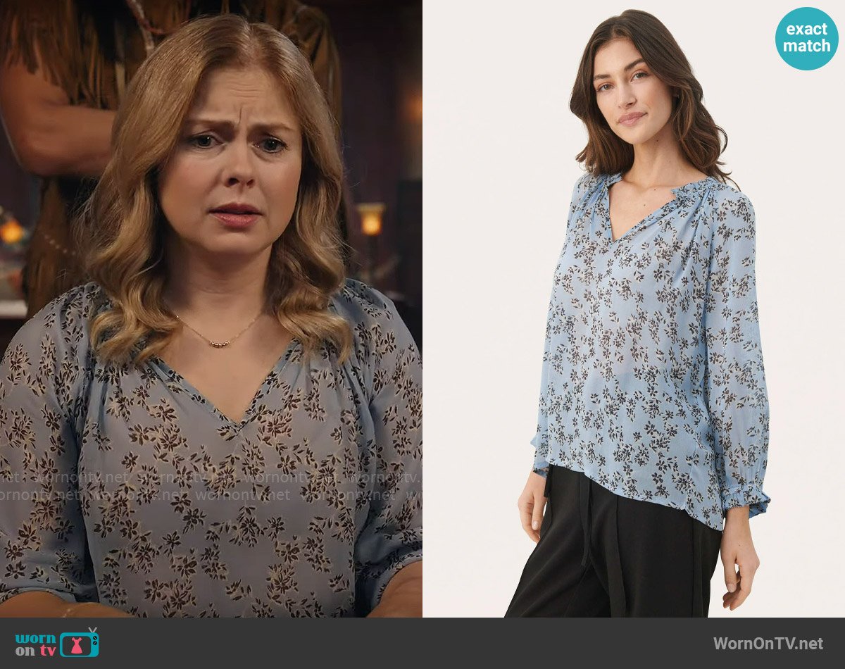 Part Two Elsia Blouse in Faded Denim Scattered Flower worn by Sam (Rose McIver) on Ghosts