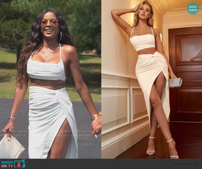 Parthea Ruched Crop Cami Top & Twist Front Wrap Skirt worn by Stacey Rusch on The Real Housewives of Potomac