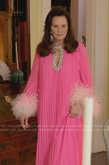 Patricia's pink feather trim dress on Southern Charm