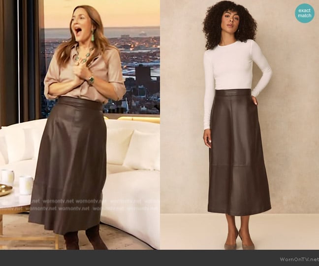 Pearl by Lela Rose Leather Midi Skirt worn by Drew Barrymore on The Drew Barrymore Show