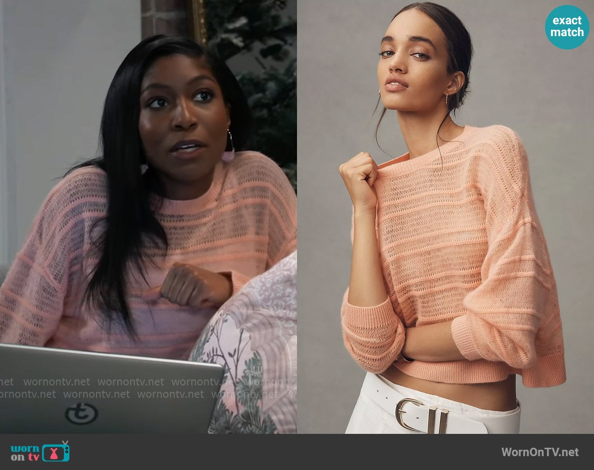 Pilcro at Anthropologie Stitched Cashmere Cropped Sweater worn by Trina Robinson (Tabyana Ali) on General Hospital