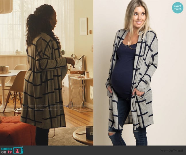 Pink Blush Grey Plaid Long Knit Maternity Cardigan worn by Carla Owens (Teyonah Parris) on No Good Deed