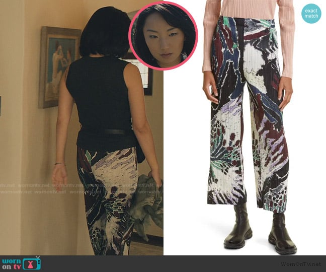 Pleats Please Issey Miyake Frosty Forest Print Pleated Cropped Pants worn by Sarah Weber (Poppy Liu) on No Good Deed