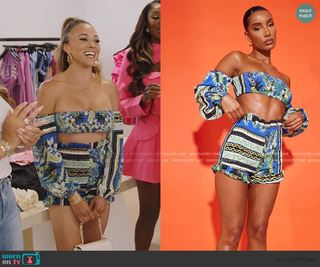 Pretty Little Thing Blue Floral Print Shirred Bardot Beach Crop Top worn by Ashley Darby on The Real Housewives of Potomac