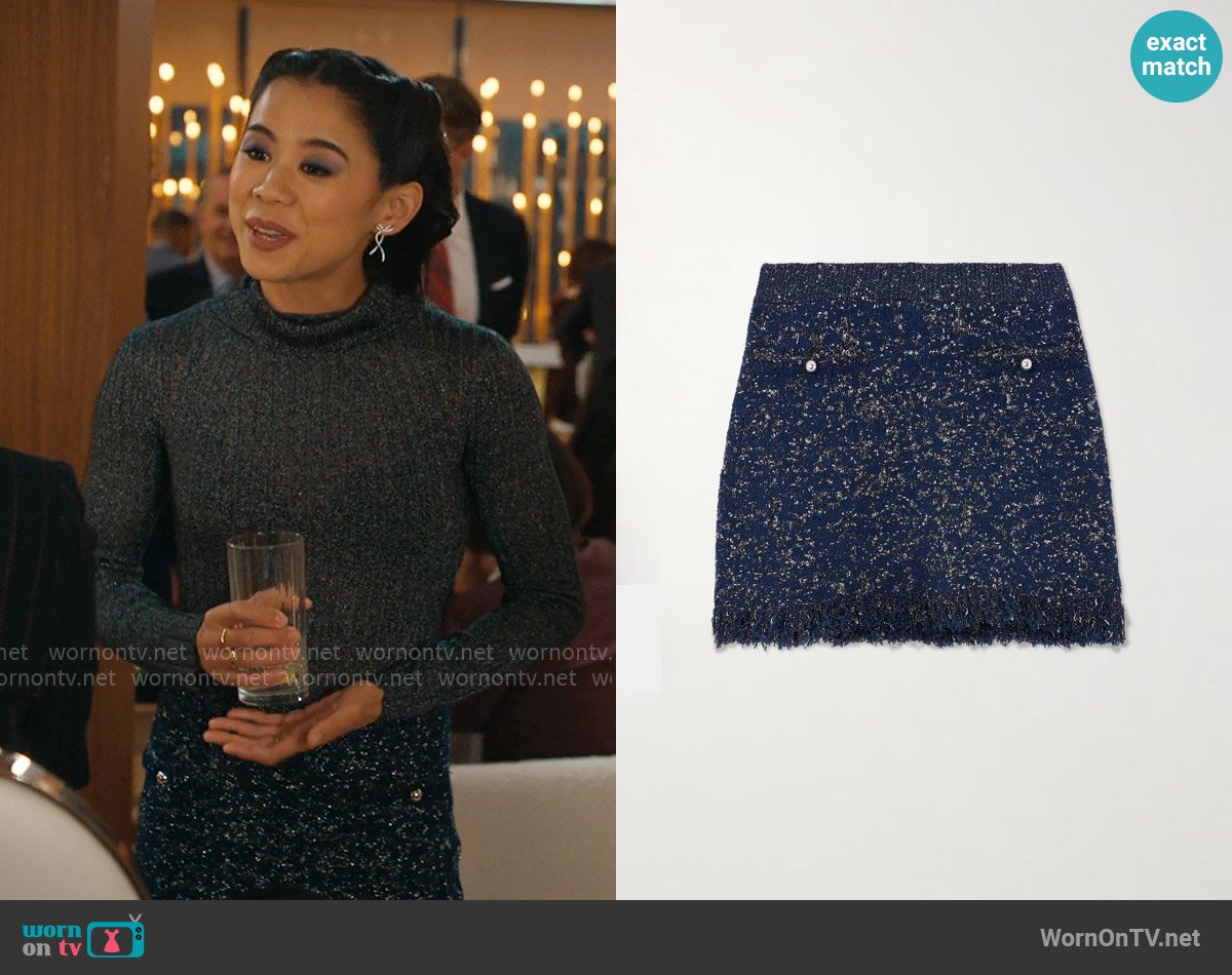 Rabanne Frayed Metallic Boucle Mini Skirt worn by Sarah Franklin (Leah Lewis) on Matlock