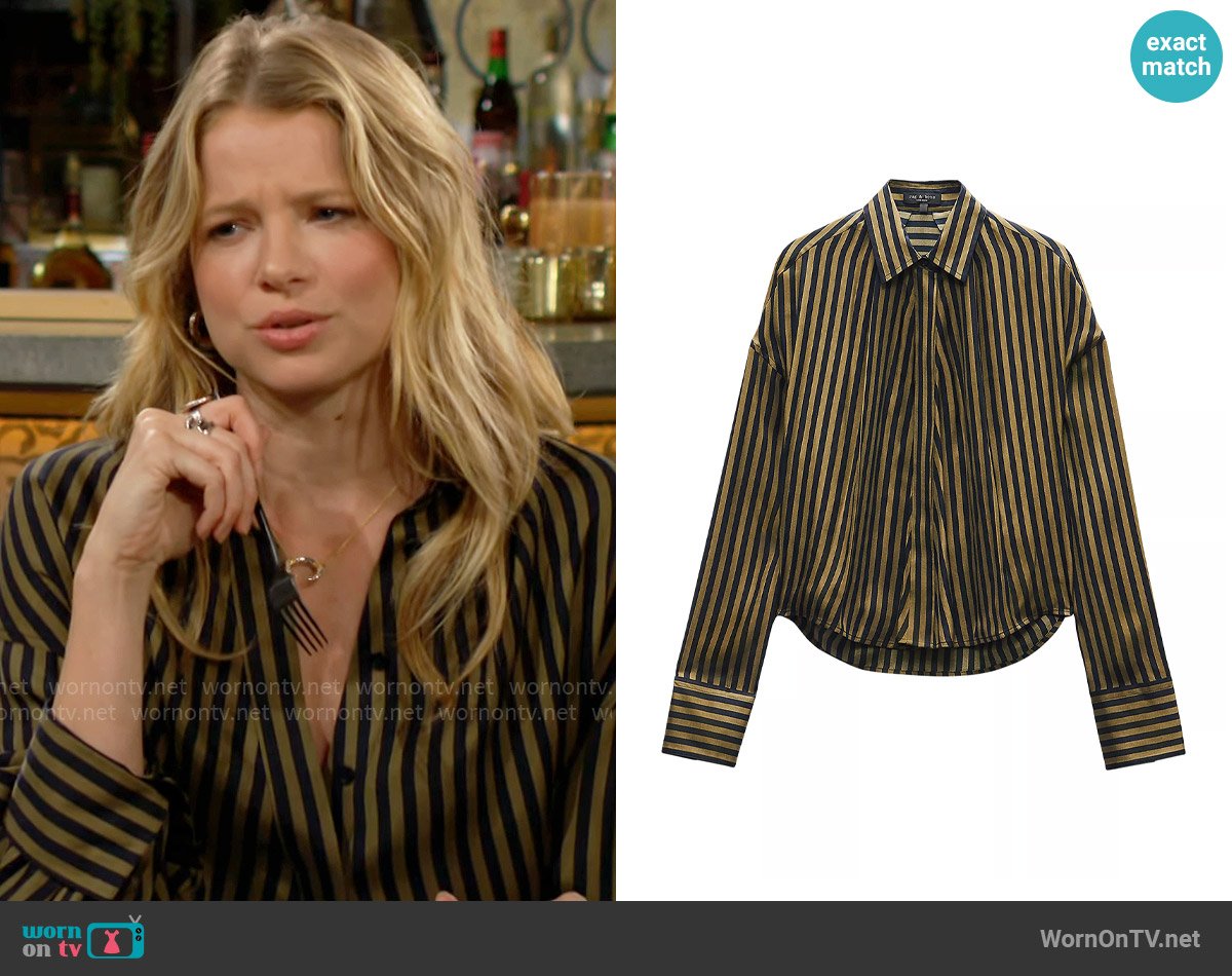 Rag and Bone Martha Stripe Silk Blend Button-Up Shirt in Army Stripe worn by Summer Newman (Allison Lanier) on The Young and the Restless