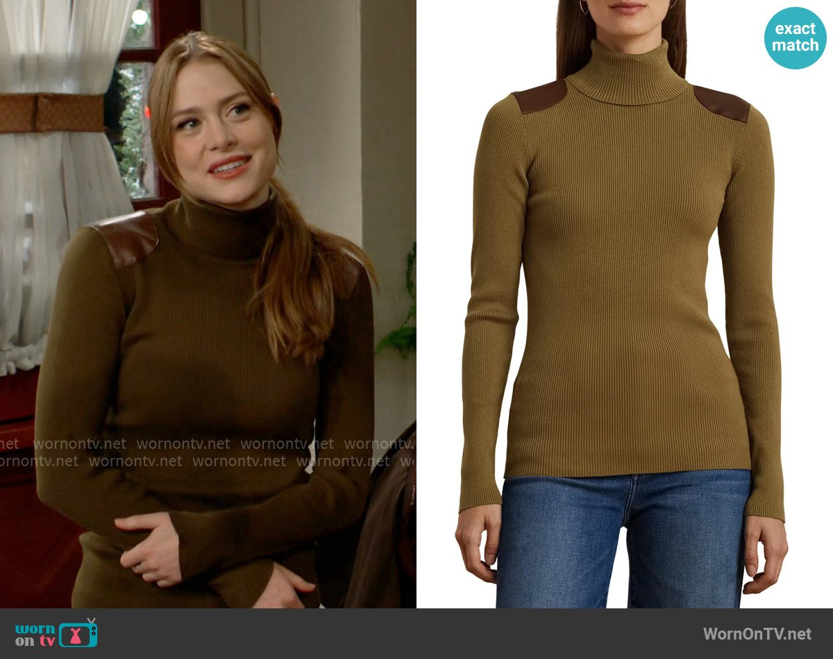 LAUREN Ralph Lauren Embellished Rib Cotton Blend Turtleneck Top in Honey Tan worn by Claire Grace (Hayley Erin) on The Young and the Restless