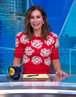 Rebecca’s red floral embroidered sweater on Good Morning America