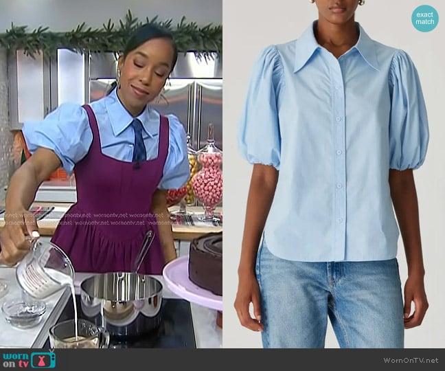 Rebecca Taylor Puff Sleeve Button Down Shirt in French Blue worn by Maya-Camille Broussard on Today