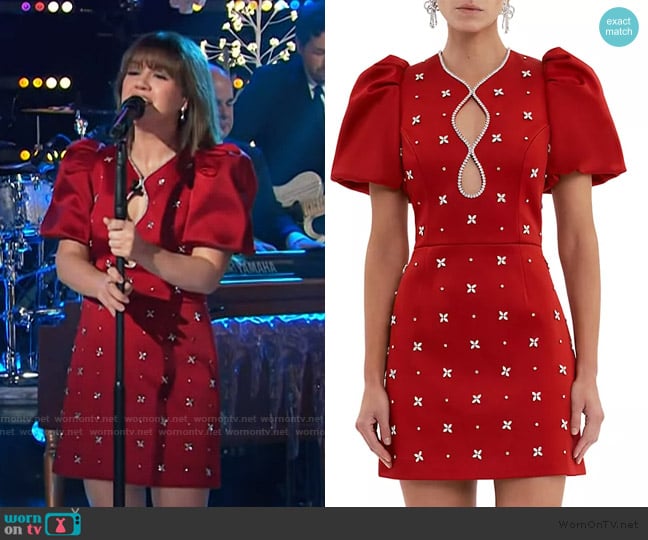 Kelly’s red embellished puff sleeve dress on The Kelly Clarkson Show