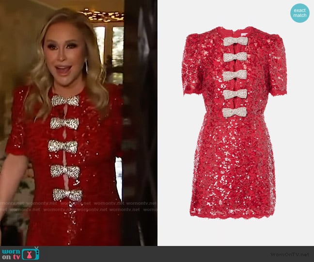 Kathy’s red bow embellished mini dress on Access Hollywood