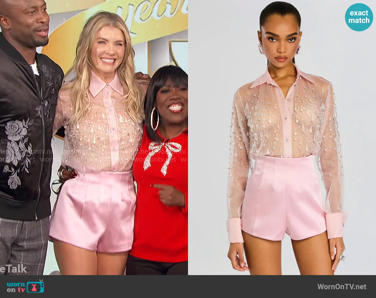 Amanda’s pink embellished shirt on The Talk