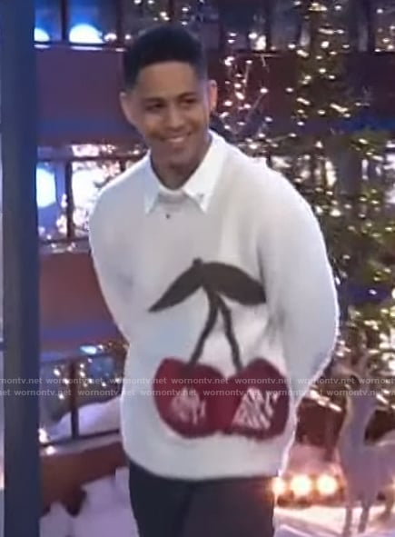 Rhenzy Feliz’s cherry print mohair sweater on The Kelly Clarkson Show