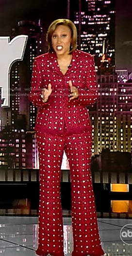 Robin’s red embellished tweed blazer and pants on Good Morning America