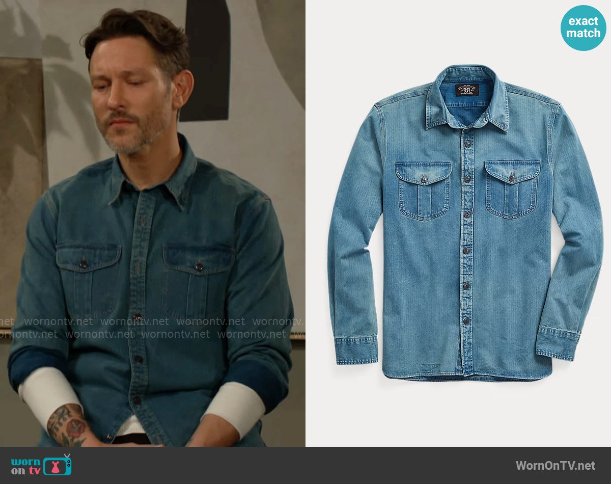 RRL Indigo Herringbone Twill Workshirt worn by Daniel Romalotti (Michael Graziadei) on The Young and the Restless