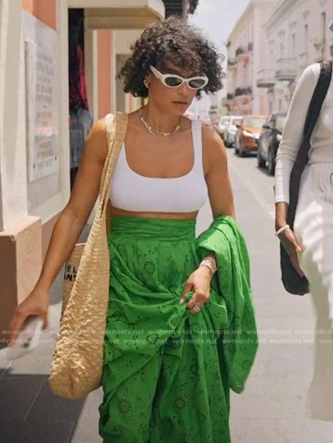 Sai's green pointelle maxi skirt on The Real Housewives of New York City