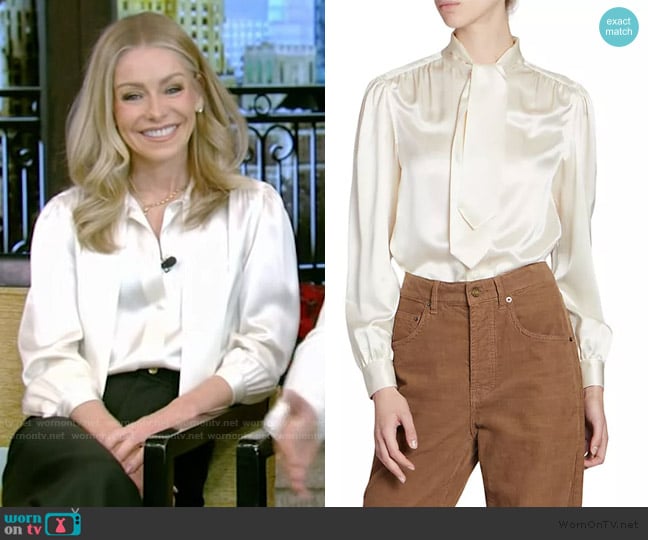 Kelly’s satin tie neck blouse on Live with Kelly