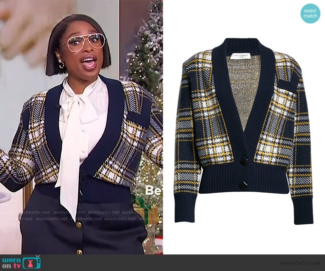 Saint Laurent Tartan Plaid Jacquard Wool Blend Cardigan worn by Jennifer Hudson on The Jennifer Hudson Show