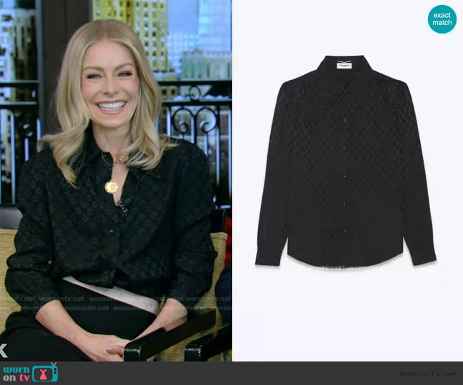 Saint Laurent Shirt in Matte and Shiny Silk worn by Kelly Ripa on Live with Kelly and Mark